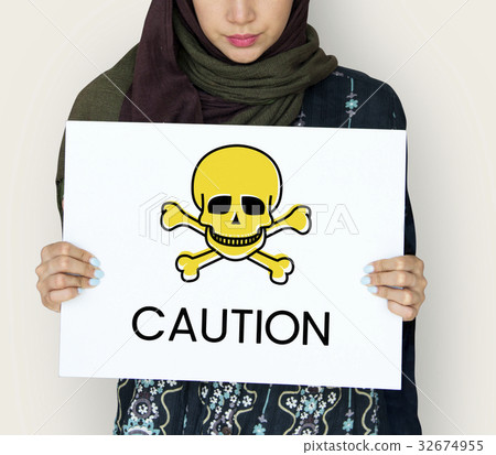 People holding placard with skull icon and chemicals dangerous 32674955