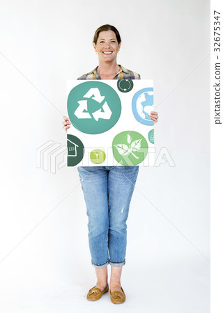 Adult Woman with Recycle Sign Eco Friendly Save Earth Word Graphic 32675347