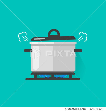 Pan with steam on gas stove fire cooking some 32689323