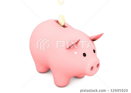 Pink piggy bank with golden (copper) coin white bg 32695920