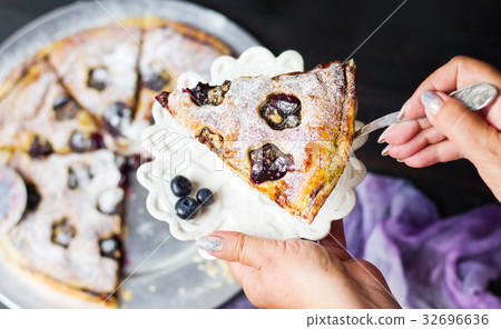 Female serving fruit sweet pie slice Female serving fruit sweet pie slice 32696636
