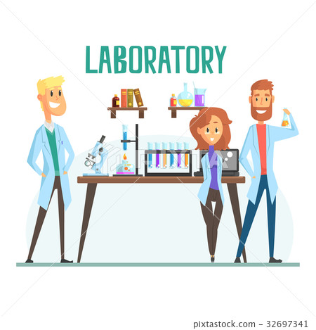 Smiling scientists man and woman working in a lab - Stock Illustration ...