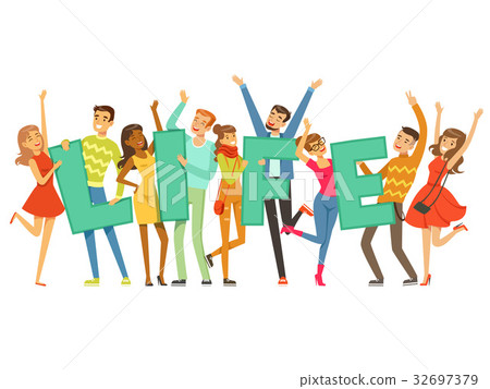 Group of smiling people holding the word Life - Stock Illustration ...