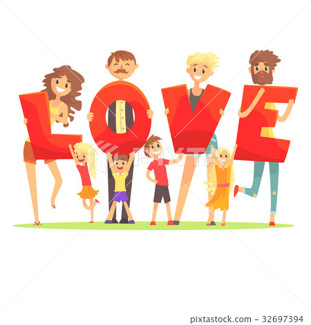 Group of smiling people holding the word Love - Stock Illustration ...