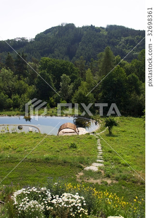 Wooden pier at natural swimming pond Wooden pier at natural swimming pond 32698361