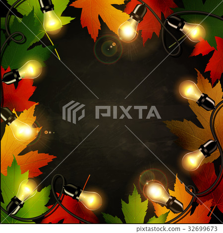 Frame of autumn leaves painted on black chalkboard 32699673