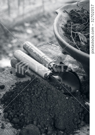 garden tools on the bonsai pots garden tools on the bonsai pots 32702057