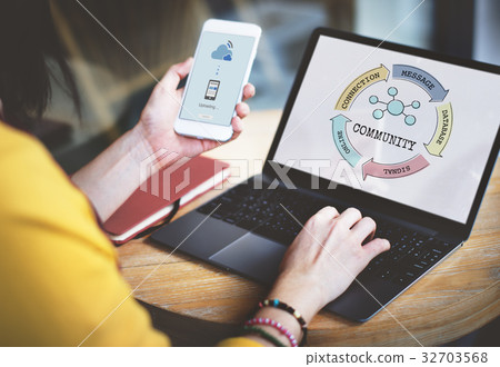 Woman working on laptop network graphic overlay 32703568