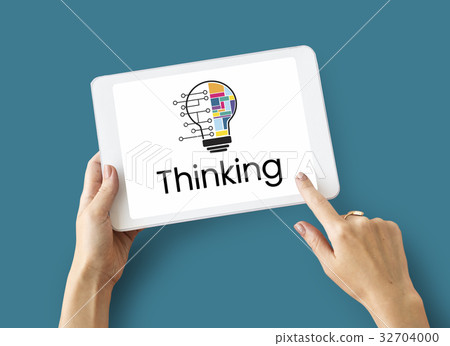 Hands working on digital device network graphic overlay 32704000