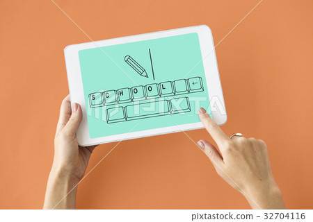 Online education pencil and keyboard graphic 32704116