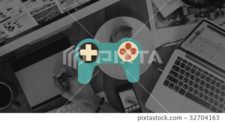 Man using computer with game controller icon Man using computer with game controller icon 32704163