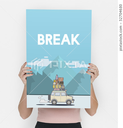 Woman holding illustration of discovery journey road trip traveling banner Woman holding illustration of discovery journey road trip traveling banner 32704680