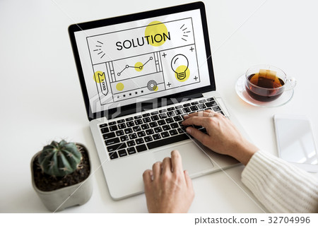 Hands working on laptop network graphic overlay 32704996