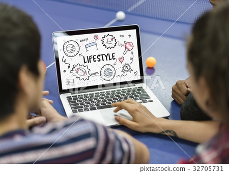 Students working on laptop network graphic overlay 32705731