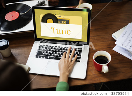 Hands working on laptop network graphic overlay 32705924