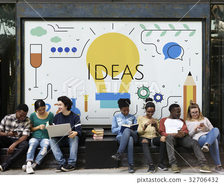 Students with Illustration of creativity ideas light bulb 32706432