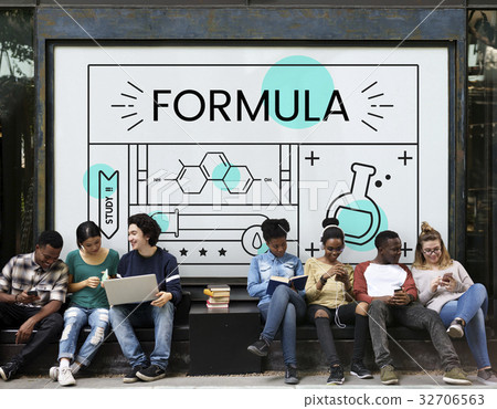 Group of students with illustration of science chemistry experiment study Group of students with illustration of science chemistry experiment study 32706563