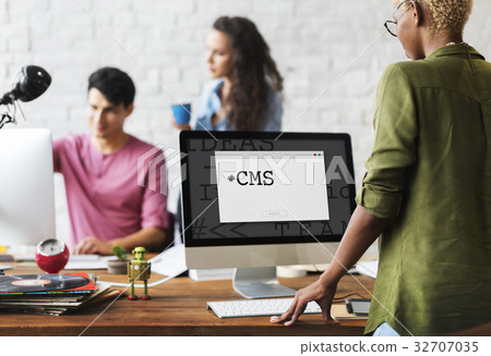 Computer Screen with the Word CMS Content Management 32707035