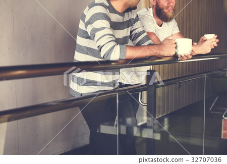 Men colleagues coffee break talking together Men colleagues coffee break talking together 32707036