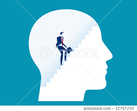 Businessman climbing stairs inside human head. Businessman climbing stairs inside human head. 32707250