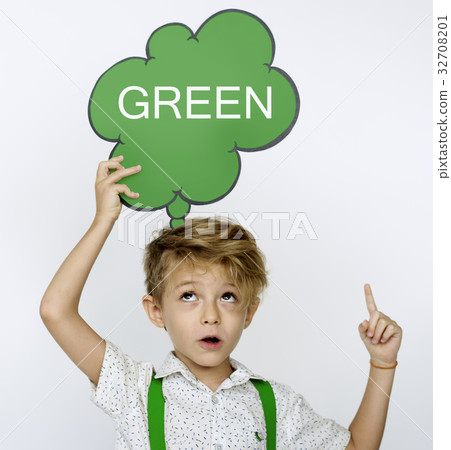 Young boy holding network graphic overlay banner 32708201
