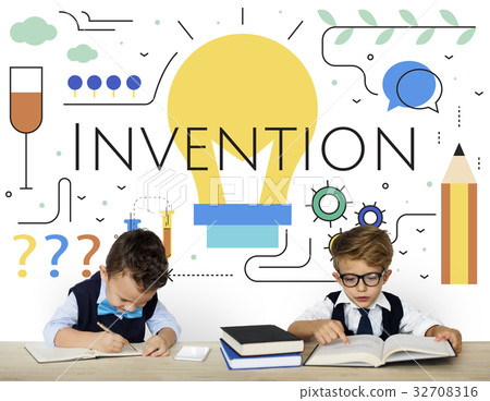 Little boy with Illustration of creativity ideas light bulb Little boy with Illustration of creativity ideas light bulb 32708316