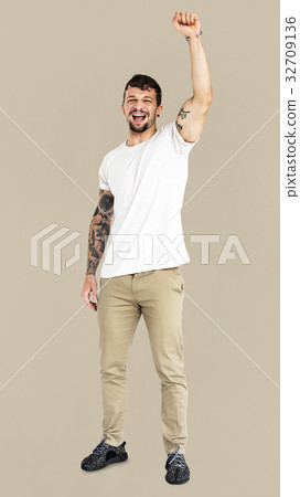 Adult Man Hand Up Smile Expression Studio Portrait 32709136