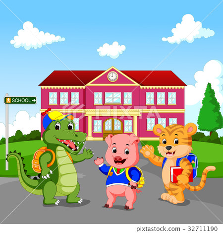 插图素材: happy animal cartoon standing in front of school