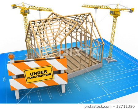 3d illustration of house frame with two cranes 3d illustration of house frame with two cranes 32711380