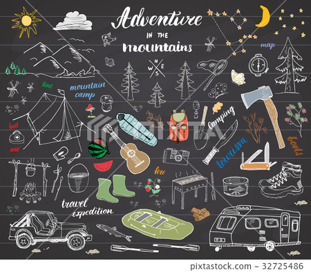 Camping, Hiking sketch doodle set vector Camping, Hiking sketch doodle set vector 32725486
