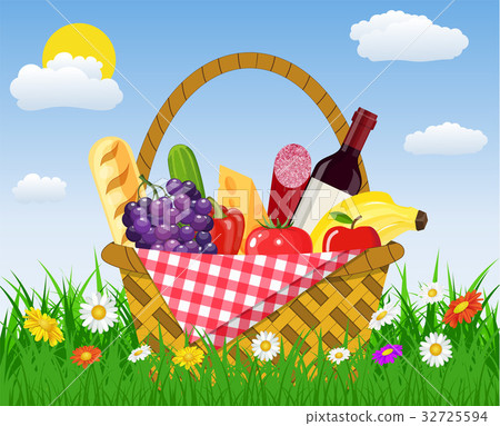 WIcker picnic basket full of products. - Stock Illustration [32725594 ...