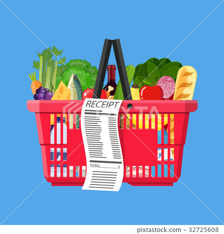 Plastic shopping basket full of groceries products 32725608