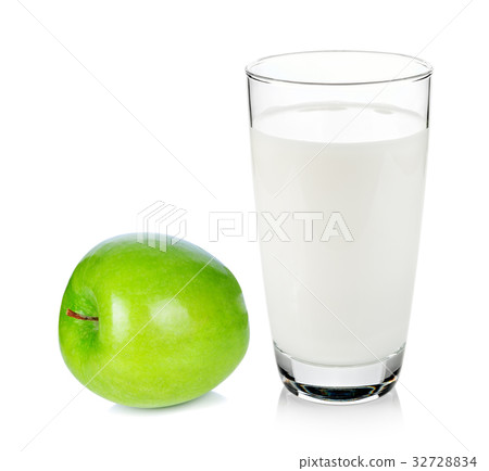 glass of milk and green apple isolated on white glass of milk and green apple isolated on white 32728834