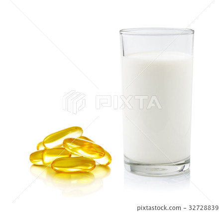 glass of milk and fish oil isolated on white glass of milk and fish oil isolated on white 32728839