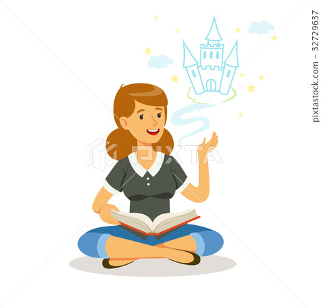 Beautiful woman sitting on the floor and reading 32729637