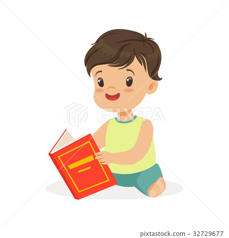 Little boy sitting on the floor and reading a book - Stock Illustration ...