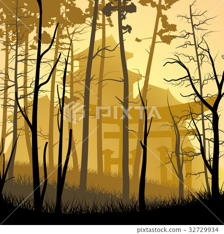 Wild misty wood with castle in Asian style. Wild misty wood with castle in Asian style. 32729934