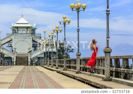 Young Woman Standing on The Sarasin Bridge Young Woman Standing on The Sarasin Bridge 32733716