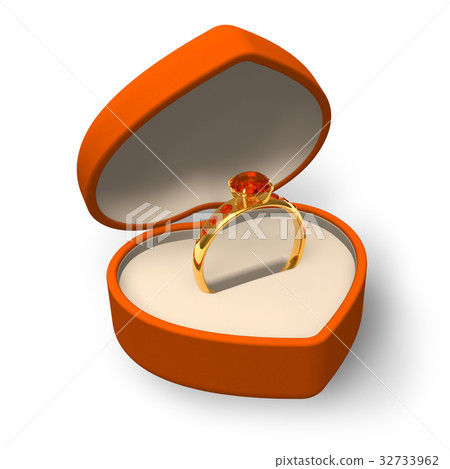 Orange heart-shape box with golden ring with jewel 32733962