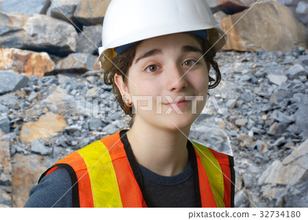 girl working on construction site white safety hat girl working on construction site white safety hat 32734180