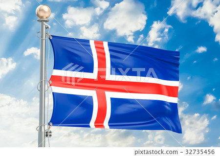 Icelandic flag waving in blue cloudy sky 32735456