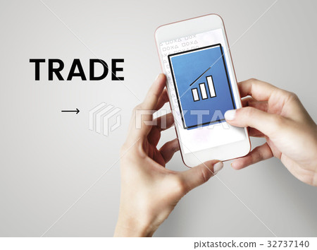 Hands working on digital device network graphic overlay 32737140