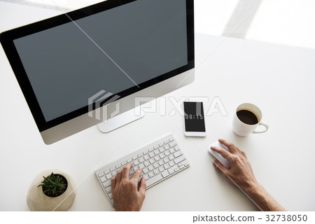 Computer Digital Device Copy Space Workplace Aerial View Computer Digital Device Copy Space Workplace Aerial View 32738050