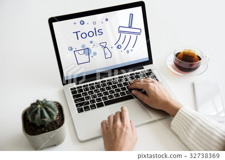 Illustration of home cleaning service on laptop Illustration of home cleaning service on laptop 32738369