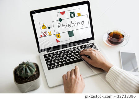 Hands working on laptop network graphic overlay Hands working on laptop network graphic overlay 32738390