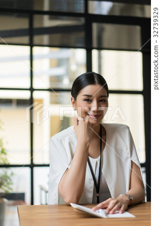 a portrait of woman with chin on hand and looking at camera a portrait of woman with chin on hand and looking at camera 32739329