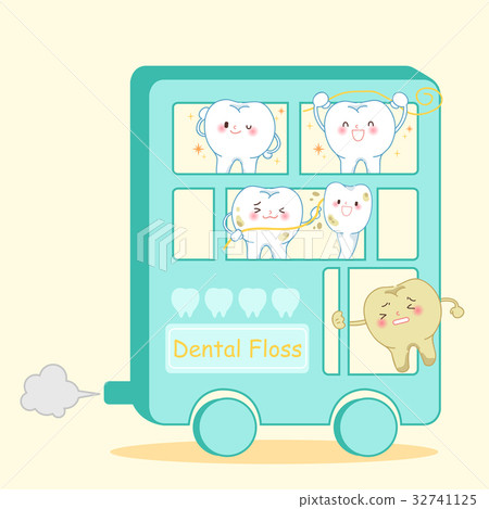 cartoon tooth with dental floss 32741125