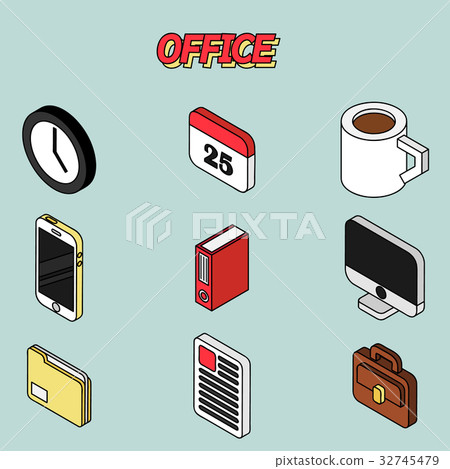 Office flat outline isometric set 32745479