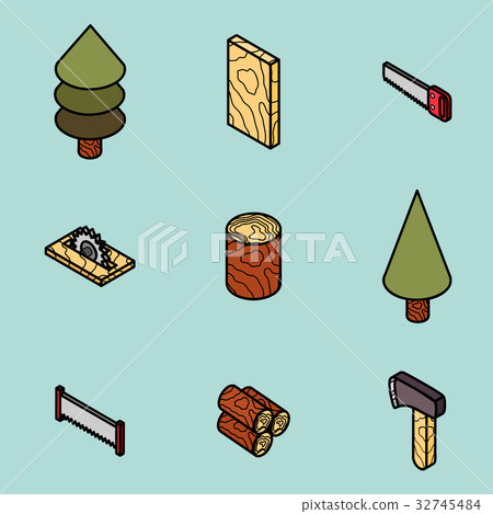lumberjack flat outline isometric set 32745484