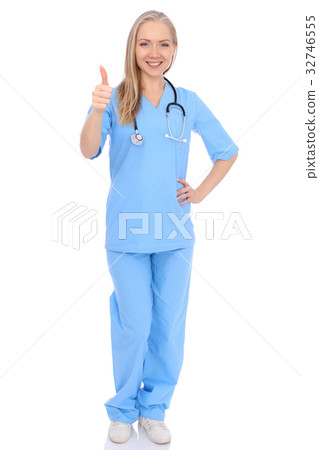 Smiling young nurse showing thumbs up sign Smiling young nurse showing thumbs up sign 32746555